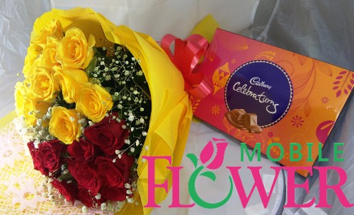 20 red n yellow roses bunch with celebrtion gift box by mobileflowerpune.com